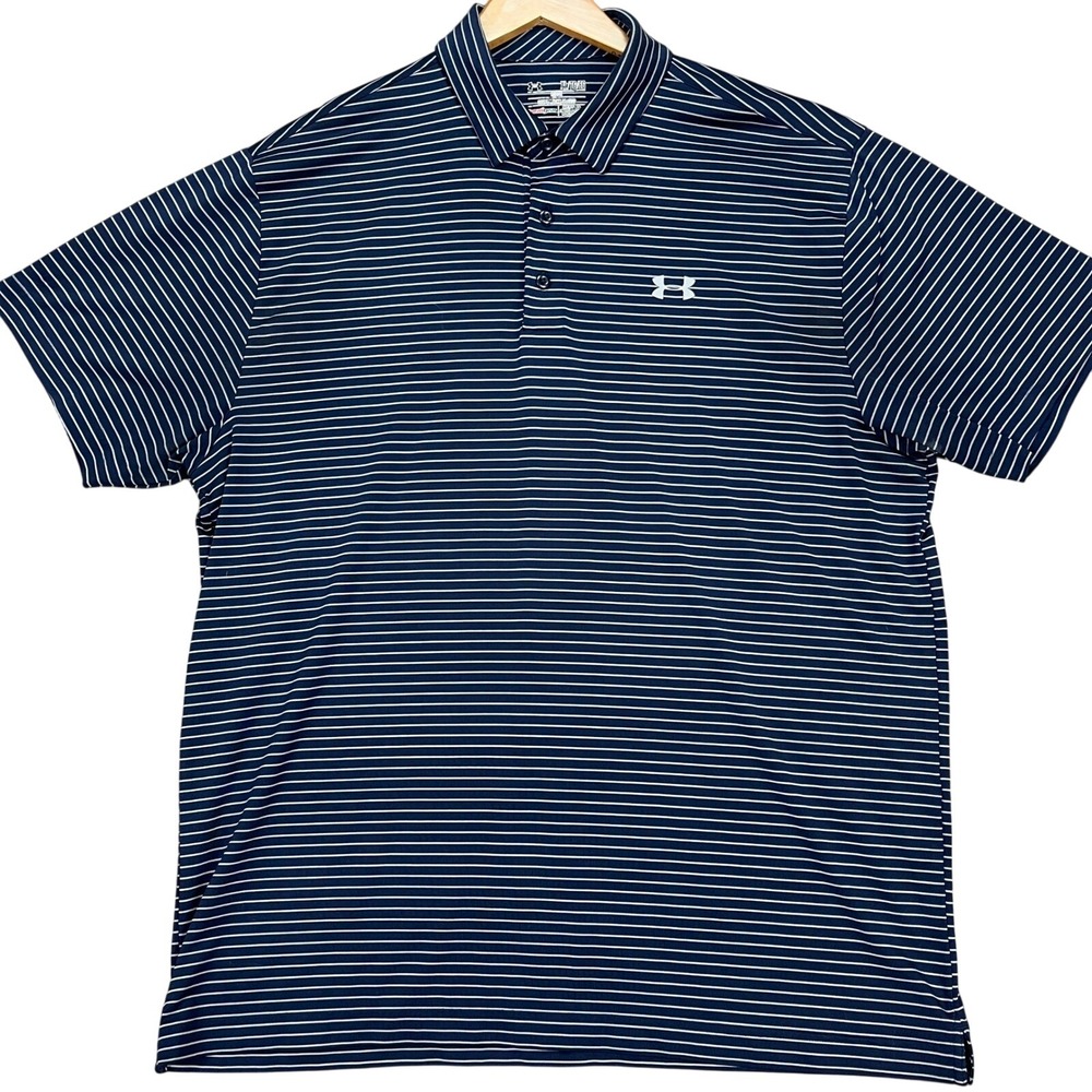 Under Armour Polo Shirt Men XL Navy Blue White Stripe Short Sleeve Golf HeatGear